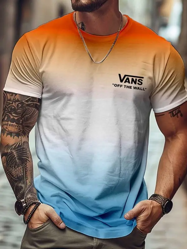 Men's Vintage Surfing Print Gradient Crew Neck Short Sleeve T-Shirt - Pragmaace.com 