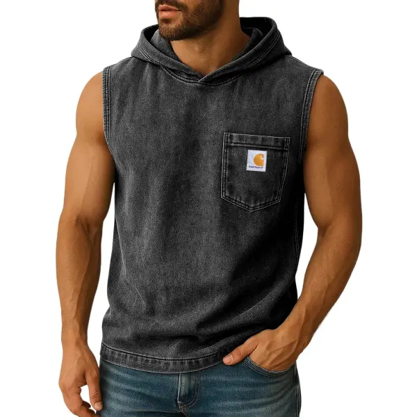 Men's Vintage Distressed Washed Surf Pocket Hooded Sleeveless Muscle Vest - Wayrates.com 