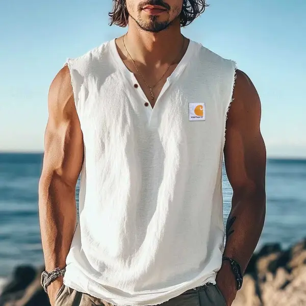 Carhartt Men's Vintage Cotton And Linen Henley Collar Casual Muscle Sleeveless Tank Top - Wayrates.com 