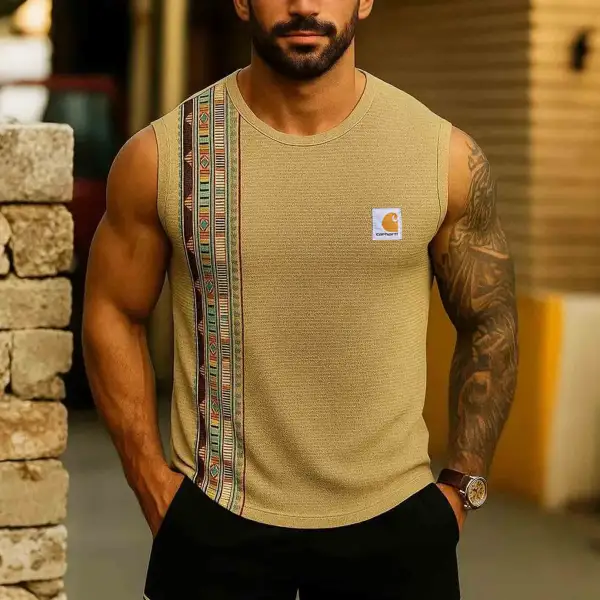 Men's Vintage Waffle Knit Aztec Geometric Round Neck Sleeveless Muscle Tank Top - Wayrates.com 