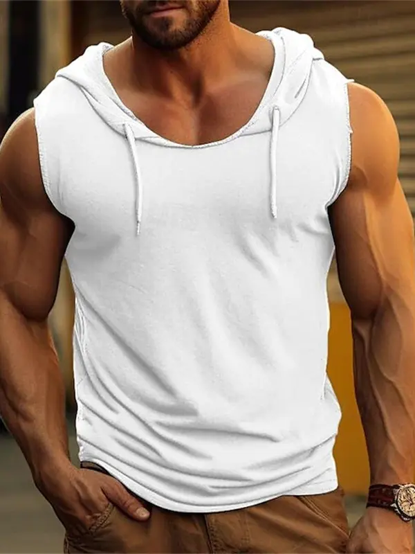 Men's Vintage Solid Color Hooded Sleeveless Muscle Tank Top - Menwyx.com 