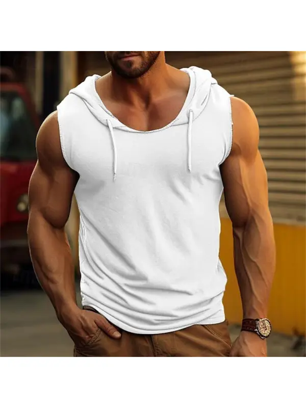 Men's Vintage Solid Color Hooded Sleeveless Muscle Tank Top - Aptkoi.com 