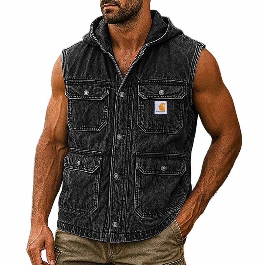 

Men's Vintage Distressed Washed Surf Multi-Pocket Button Hooded Sleeveless Muscle Vest