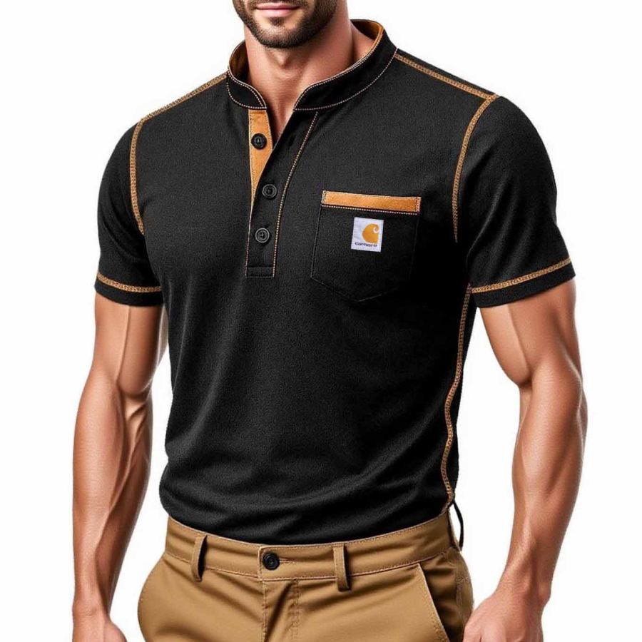 

Men's Vintage Color Block Pocket Henley Short Sleeve T-Shirt