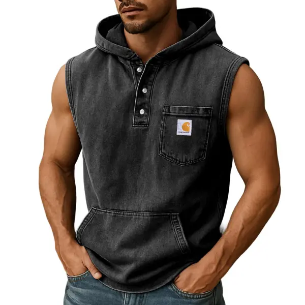 Men's Vintage Distressed Washed Surf Pocket Button Hood Sleeveless Muscle Tank Top - Wayrates.com 