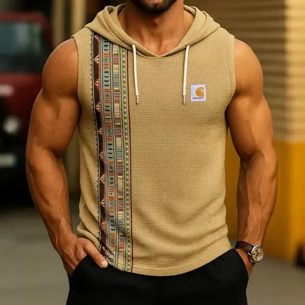 Men's Vintage Waffle Knit Aztec Geometric Hooded Sleeveless Muscle Tank Top - Wayrates.com 