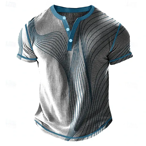 Men's Vintage Gray And Blue Striped Henley T-Shirt With Functional Design - Rabclub.com 