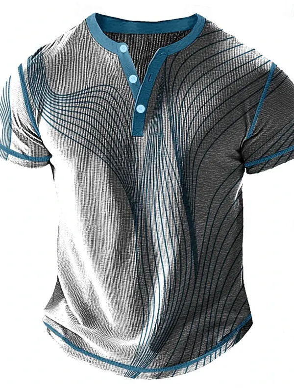 Men's Vintage Gray And Blue Striped Henley T-Shirt With Functional Design - Pragmaace.com 