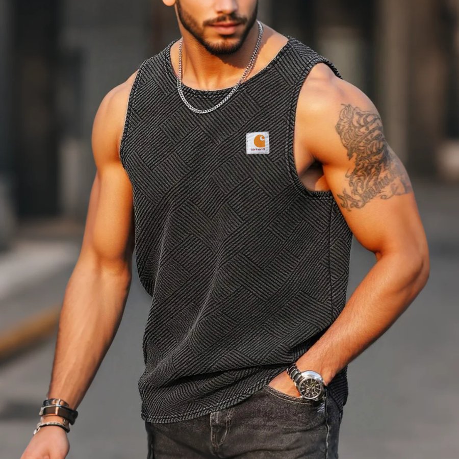 

Men's Vintage Summer Herringbone Fabric Knit Crew Neck Sleeveless Tank Top