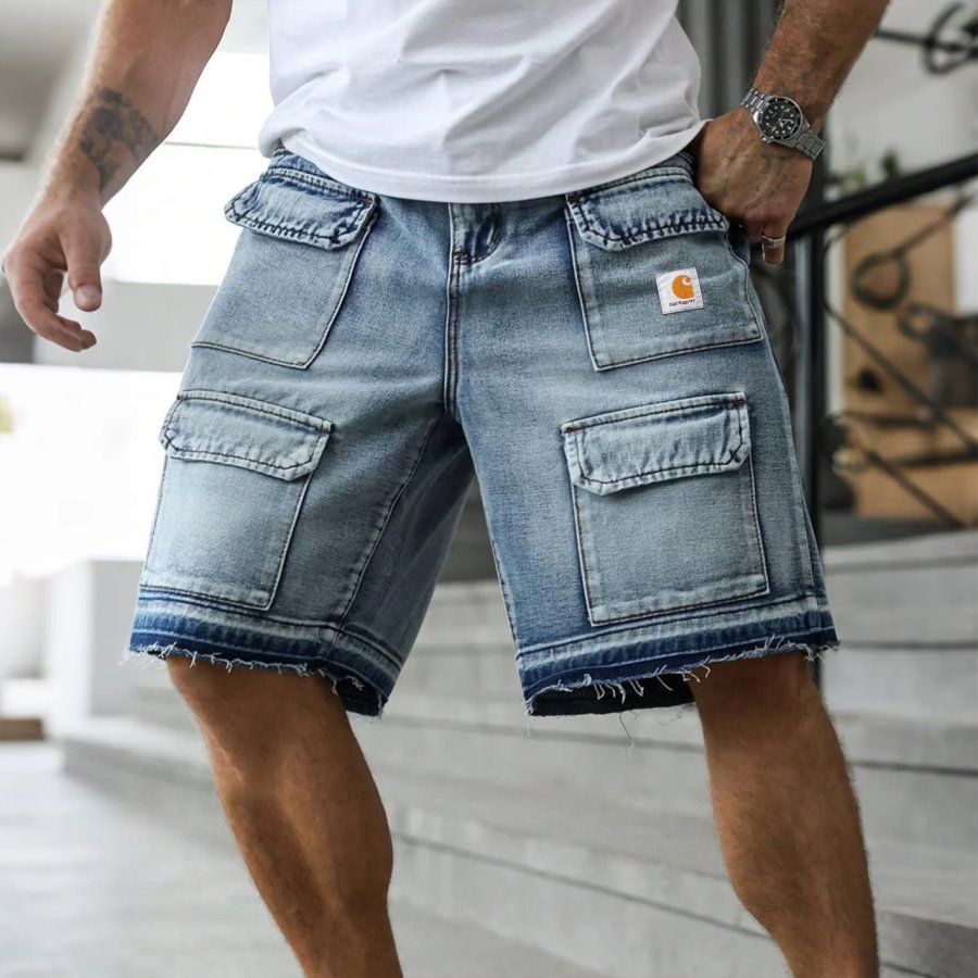 

Men's Vintage Denim Cargo Shorts With Multiple Pockets