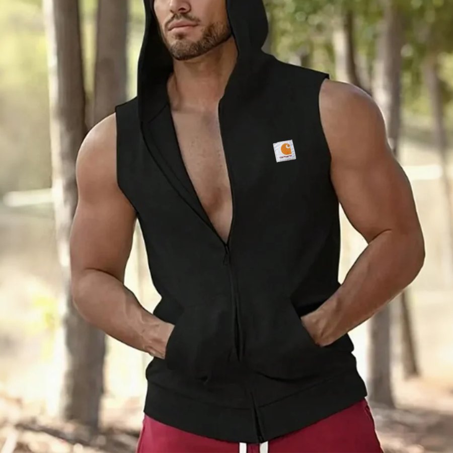 

Men's Vintage Sleek Black Hooded Vest For Active Outdoors