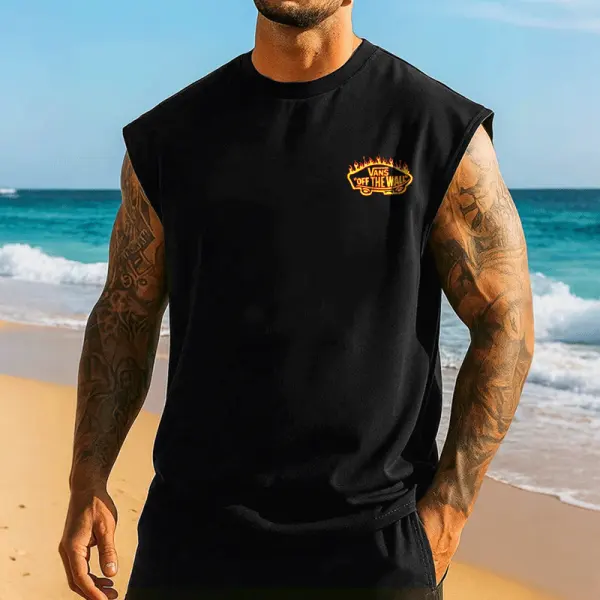 Men's Oversize Sleeveless Muscle Tee With Chest Logo Patch - Perfect For Summer Beachwear - Wayrates.com 