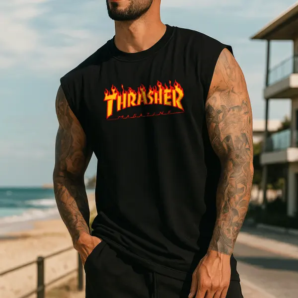 Camisa Camiseta Regata Oversized Flame Graphic Sleeveless Tee For Men - Perfect For Summer Outdoors - Wayrates.com 