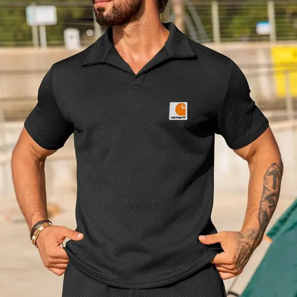 Men's Casual Polo T Shirt Black Geometric Textured Fabric - Wayrates.com 