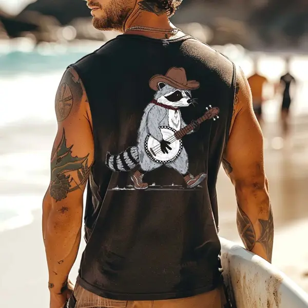 Men's Vintage Surfing Raccoon Stage Walk Guitar Graphic Print Round Neck Sleeveless Muscle Tank Top - Wayrates.com 