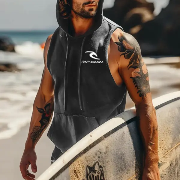 Men's Vintage Surfing Rip Graphic Print Pocket Hooded Sleeveless Muscle Tank Top - Wayrates.com 