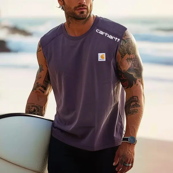 Men's Vintage Surfing Crew Neck Dark Purple Sleeveless Muscle Tank Top - Wayrates.com 