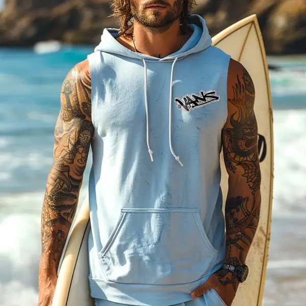 Men's Vintage Surfing Graphic Print Pocket Hooded Sleeveless Light Blue Muscle Tank Top - Wayrates.com 
