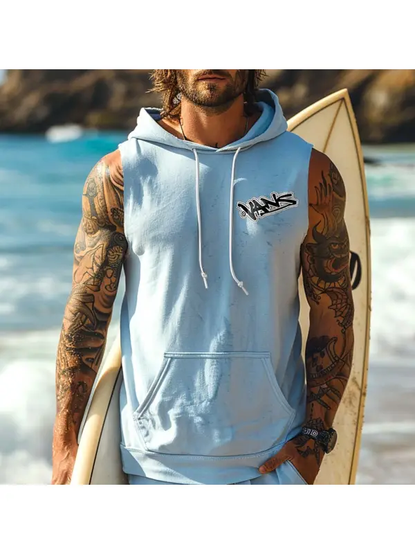 Men's Vintage Surfing Graphic Print Pocket Hooded Sleeveless Light Blue Muscle Tank Top - Aptkoi.com 