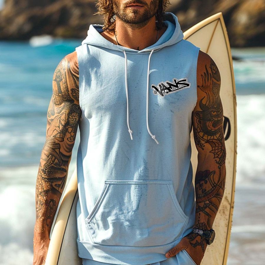 

Men's Vintage Surfing Graphic Print Pocket Hooded Sleeveless Light Blue Muscle Tank Top