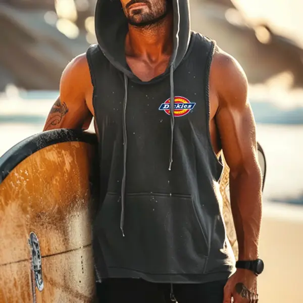 Men's Vintage Surfing Graphic Print Pocket Hooded Sleeveless Dark Gray Muscle Tank Top - Wayrates.com 