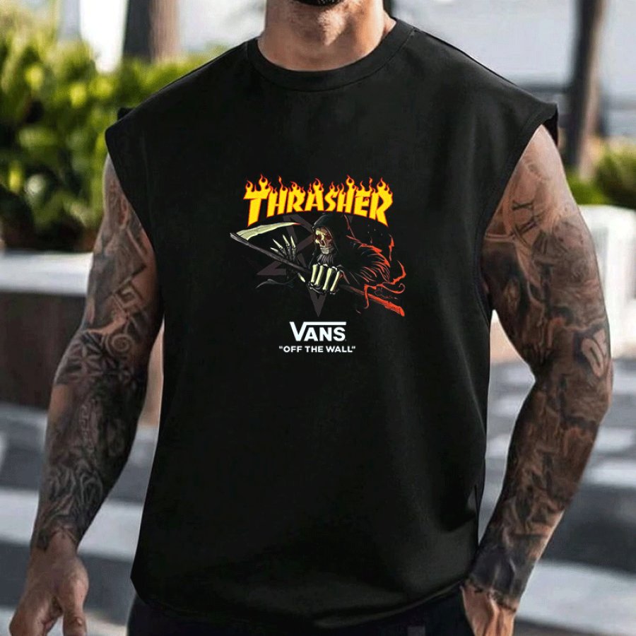 

Oversize Muscle Graphic Sleeveless Tee For Summer Beach Adventures