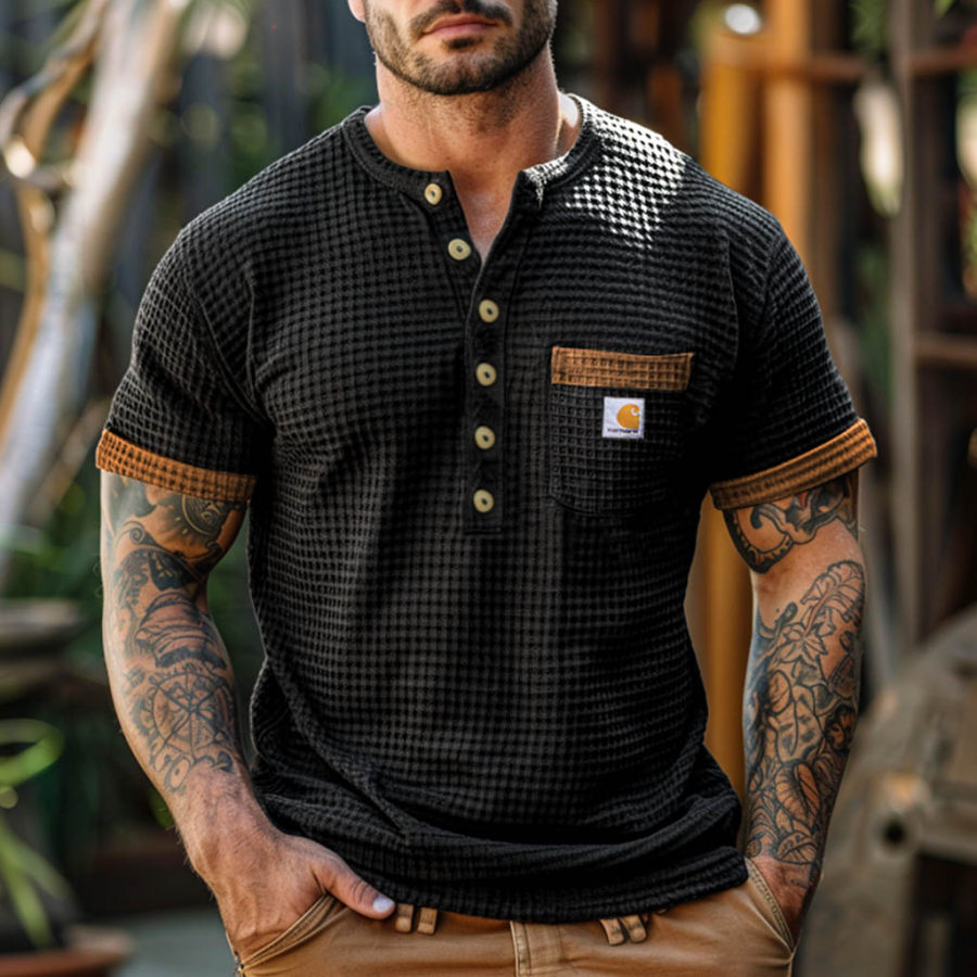 

Men's Vintage Black Waffle Knit Surfing Pocket Color Block Short Sleeve Henley Muscle T-Shirt