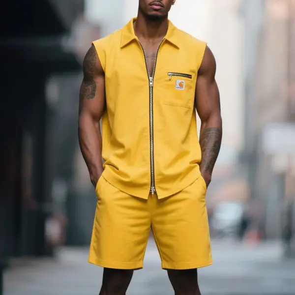 Men's Surf Yellow Cotton Zip-Up Pocket Sleeveless Muscle Lapel Shirt And Shorts Set - Wayrates.com 
