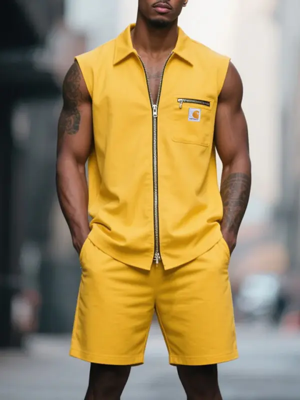 Men's Surf Yellow Cotton Zip-Up Pocket Sleeveless Muscle Lapel Shirt And Shorts Set - Wantbright.com 