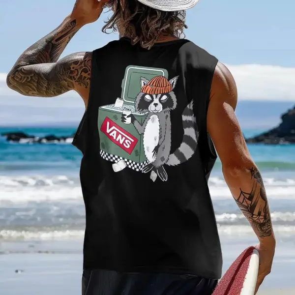 Men's Vintage Surfing Cooler Raccoon Print Sleeveless Muscle Tank Top - Wayrates.com 