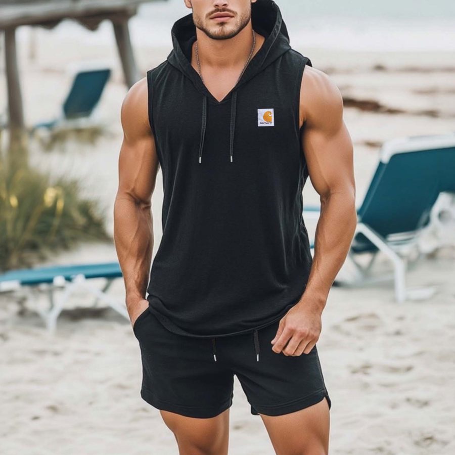 

Men's Casual Hooded Surf Sleeveless Muscle Tank Top And Shorts Two-piece Set