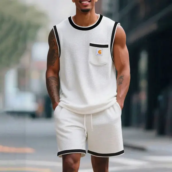 Men's Surf White Waffle Knit Contrast Pocket Sleeveless Muscle Tank Top And Shorts Set - Wayrates.com 
