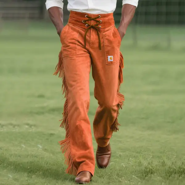 Men'S Orange Suede Tassel Western High Waist Lace-Up Pants - Wayrates.com 
