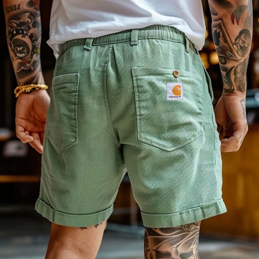 

Men's Vintage Light Green Waffle Knit Surfing Multi-Pocket Cargo Shorts Craft Walkshort Boardshorts