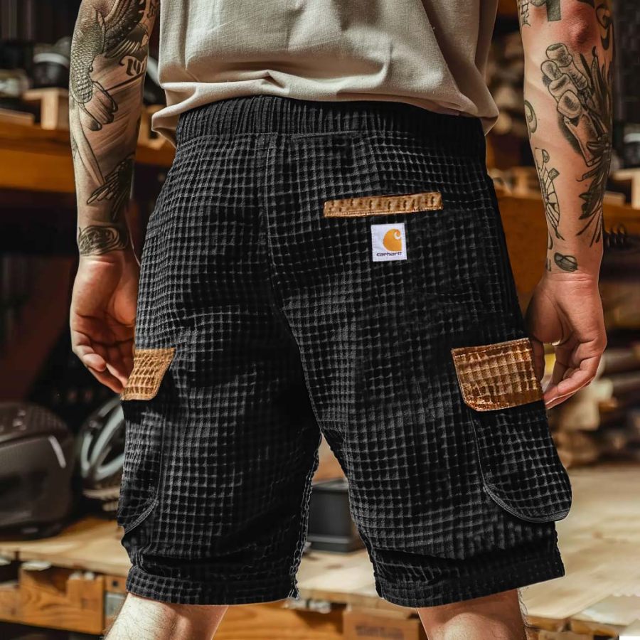 

Men's Vintage Waffle Knit Surfing Color Block Multi-Pocket Cargo Craft Shorts Elastic Drawstring Walkshort Boardshorts
