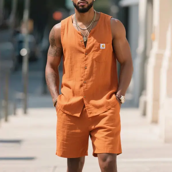 Men's Surf Cotton Orange Pocket Sleeveless Muscle Shirt And Shorts Set - Wayrates.com 