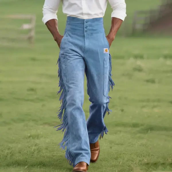 Men's Western Blue Suede Tassel High Waist Pants - Wayrates.com 