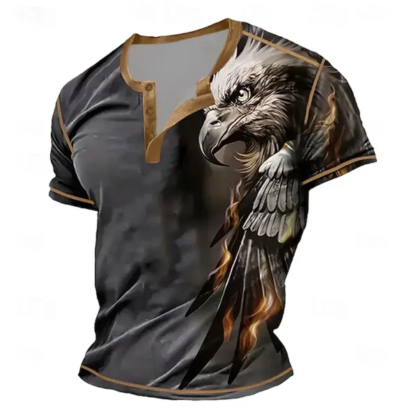 Men's Vintage Eagle Flame Graphic Henley T-Shirt - Rabclub.com 