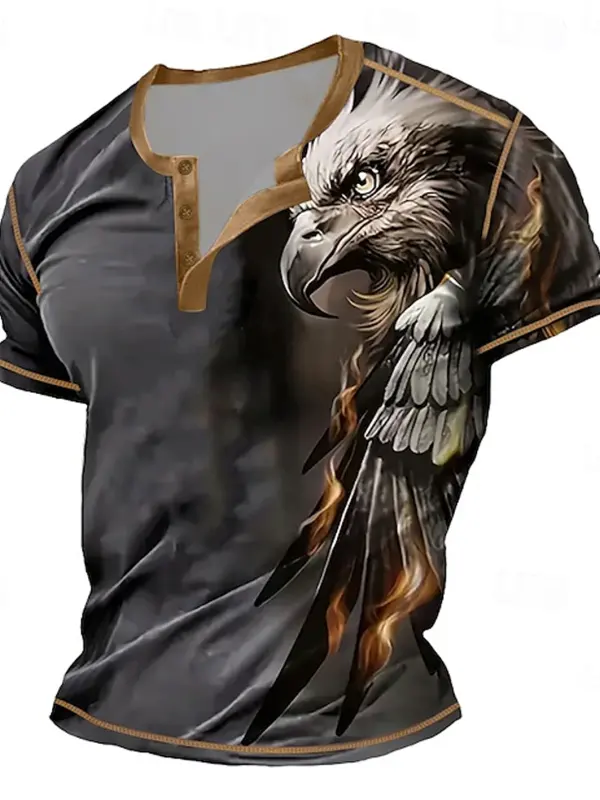 Men's Vintage Eagle Flame Graphic Henley T-Shirt - Menwyx.com 