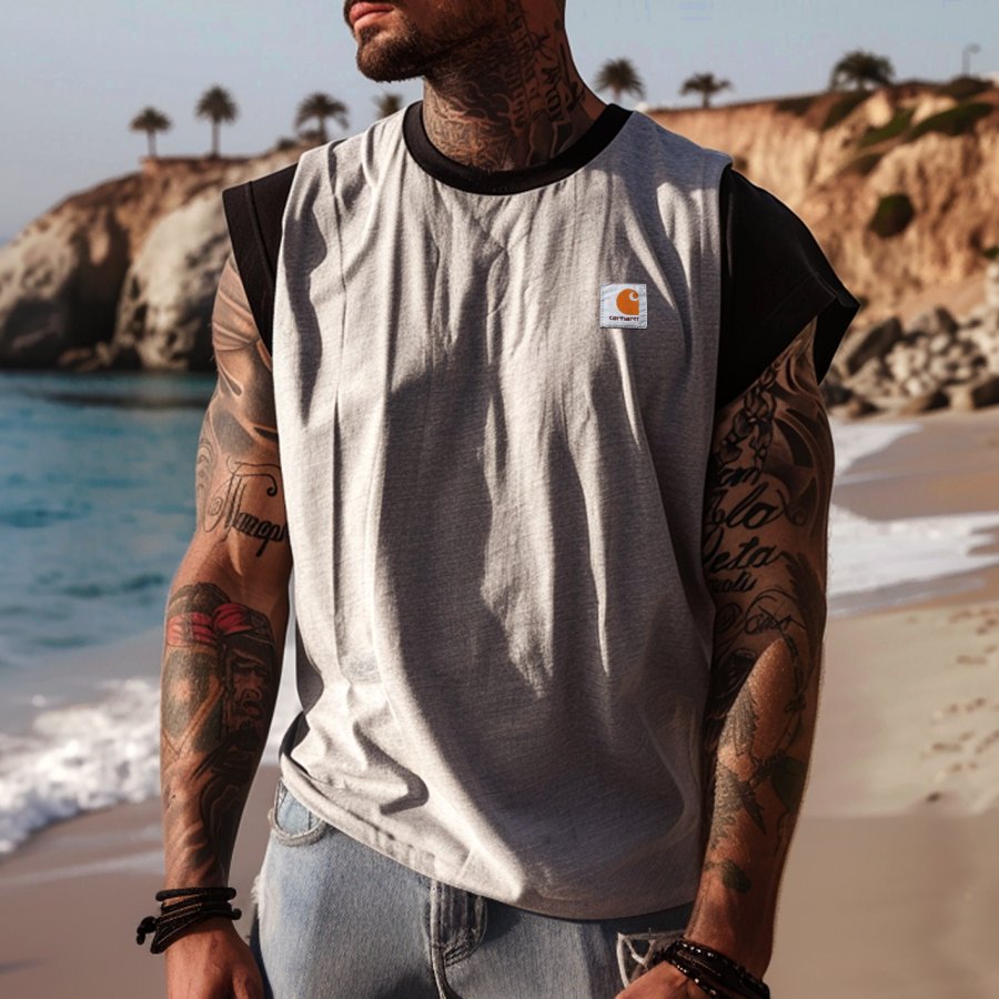 

Men's Vintage Crew Neck Patchwork Sleeveless Tank Top