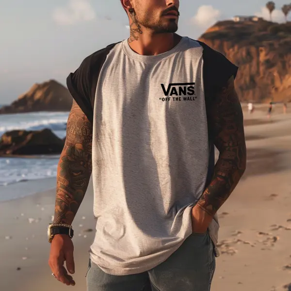Men's Vintage Crew Neck Patchwork Sleeveless Tank Top - Ootdyouth.com 