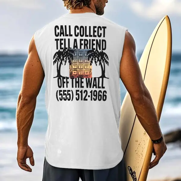 Men's Vintage Surfing Call Off The Wall Palm Tree Print Sleeveless Muscle Tank Top - Wayrates.com 
