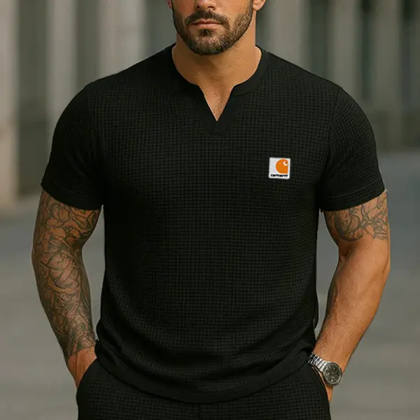 Carhartt Men's Casual Waffle Henley V Neck T-Shirt Black - Wayrates.com 