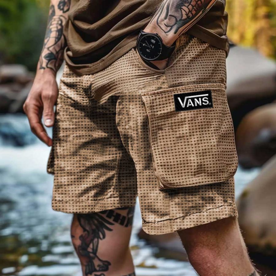 

Men's Vintage Waffle Knit Khaki Surfing Elastic Drawstring Cargo Shorts