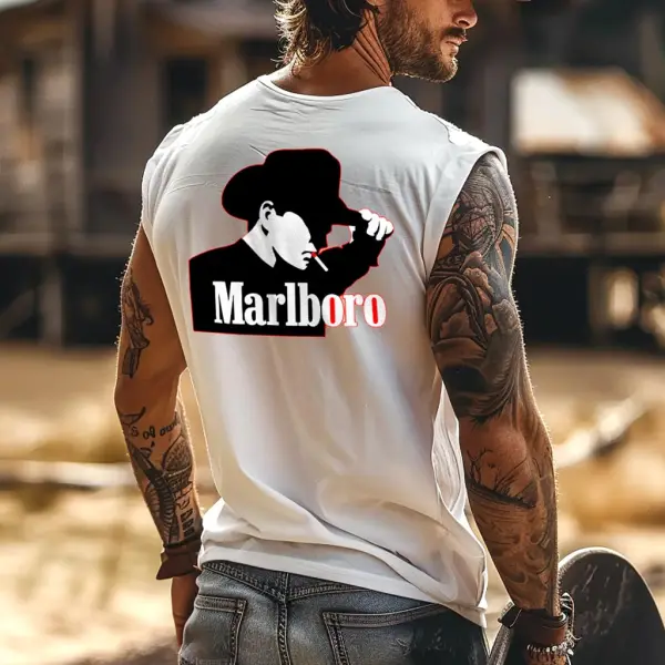 Men's Vintage Western Cowboy Calm Graphic Print Round Neck Sleeveless Muscle Tank Top - Rabclub.com 