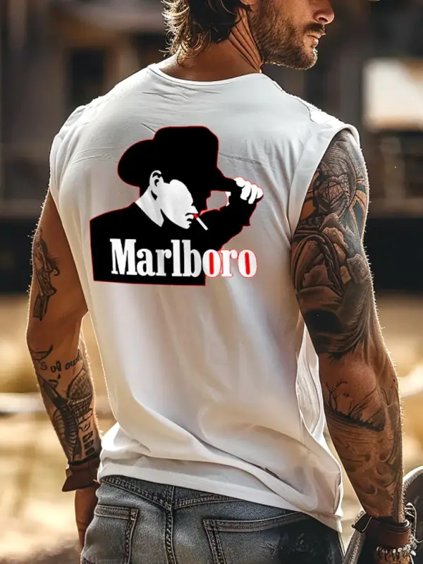 Men's Vintage Western Cowboy Calm Graphic Print Round Neck Sleeveless Muscle Tank Top - Menbarn.com 