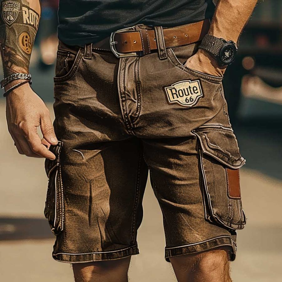 

Men's Vintage Route 66 Road Trip Print Multi-Pocket Cargo Shorts
