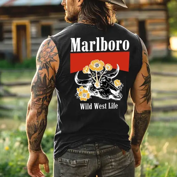 Men's Vintage Western Cowboy Wild West Life Rodeo Graphic Print Round Neck Sleeveless Muscle Tank Top - Rabclub.com 