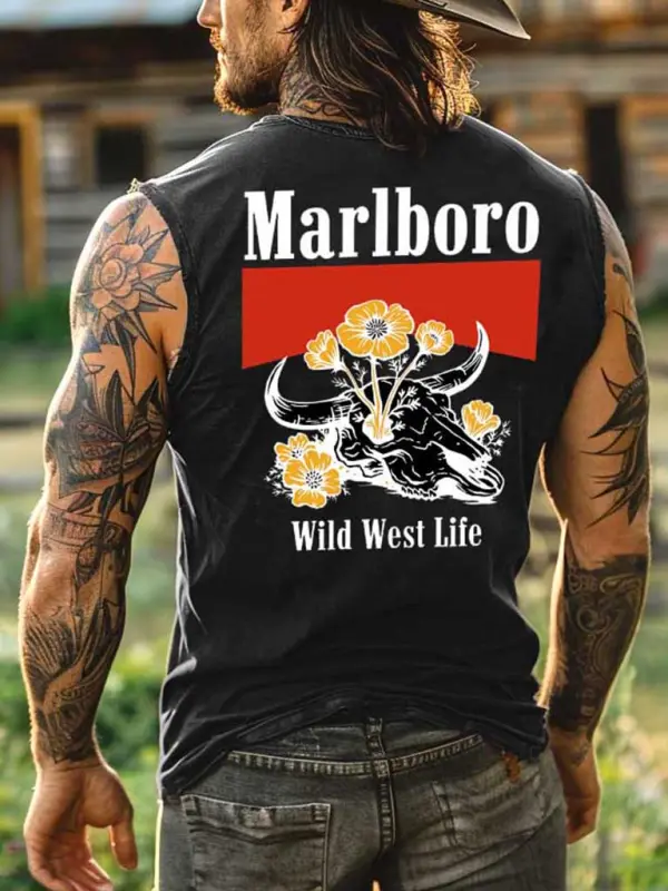 Men's Vintage Western Cowboy Wild West Life Rodeo Graphic Print Round Neck Sleeveless Muscle Tank Top - Menbarn.com 