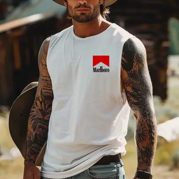 En's Vintage Western Cowboy Racing Rodeo Graphic Print Round Neck Sleeveless Muscle Tank Top - Rabclub.com 